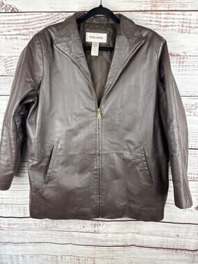 Veranesi Brown Leather Full Zip Jacket Coat Womens 18W Classic  Lapel Collar
